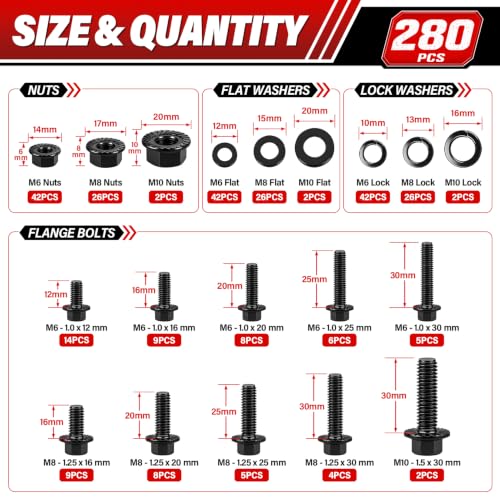 280 PCS Metric Screws Assortment Kit, M6 M8 M10 Flanged Nuts and Bolts