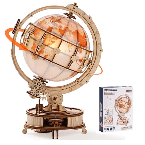 ROKR Illuminated Rotating Wooden Globe Puzzle-185 Piece 3D Night Light Kit, Educational Geography Model for Adults & Teens 14+, No Glue Needed