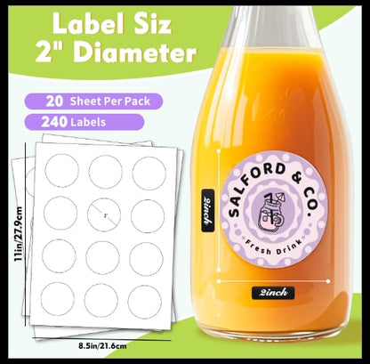 BihaoBaozhuang-Waterproof paper-240 White Round Waterproof Labels, with a Diameter of 2" 5.08cm. These Round Labels are Suitable for Printing with Both Inkjet and Laser Printers