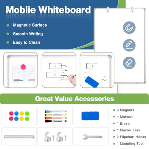 Magnetic Mobile Whiteboard, 40"x28", Height Adjustable Flip Chart Easel - color: Rolling, size: 28"W x 40"H