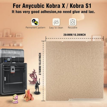 264 x276MM Kobra S1 Kobra X Kobra 4 Build Plate,Double Sided Textured Gold PEI for Anycubic Kobra S1/Kobra X/Kobra 4 Kobra S1 Spring Steel Sheet Platform Removable Heated Bed for Anycubic 3D Printer. - color: Double Side Textured PEI