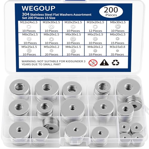 WEGOUP 18-8(304) Stainless Steel Flat Washers for Screws and Bolts - size: 15 Sizes 200 Pieces