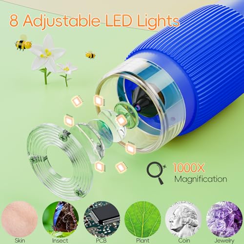 Microscope for Kids, SKYBASIC 2" IPS Screen 1000X Handheld Digital Microscopes HD Pocket Portable Mini USB Microscope Camera, PC Compatible, Science Edu Fun Birthday Gifts Toys for Children Students - color: Blue