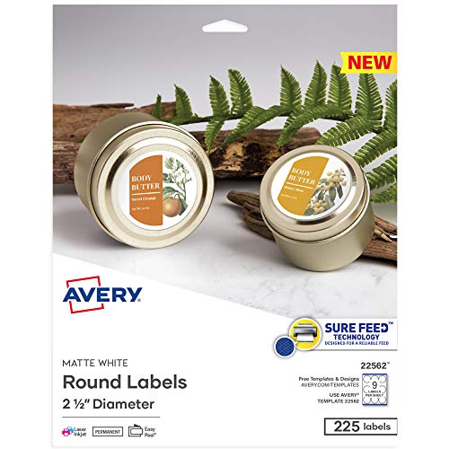 Avery Printable Blank Round Labels, 2.5" Diameter, Matte White, 225 Customizable Labels (22562) - color: Matte White, size: 2.5", style: 225 labels