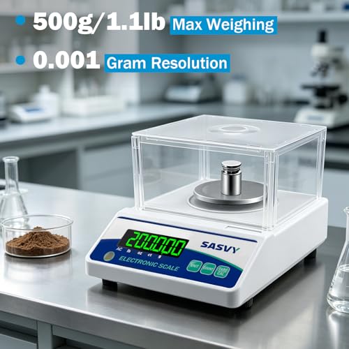 Lab Scale 500g x 0.001g Scientific Scale g/oz/ct/lb High Precision Digital Electronic Analytical Balance for Jewelry Kitchen Laboratory School, Includes 200g Calibration Weight&Battery - size: 500g 0.001g