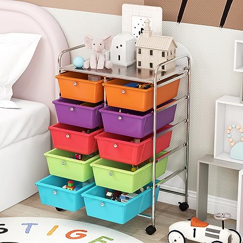 COSTWAY 10 Drawer Rolling Storage Cart, Utility Cart with Lockable Wheels - color: Multi-color, size: 10 Drawer