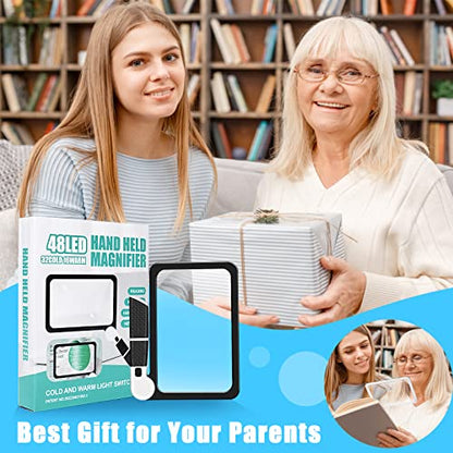 5X Handheld Magnifier for Page Reading - Large Folding Lighted Magnifier with 48 LED Lights (3Modes), Rectangular Handhold Magnify Lens Gifts for Reading Small Prints, Low Vision, Seniors - style: Full-Page Black
