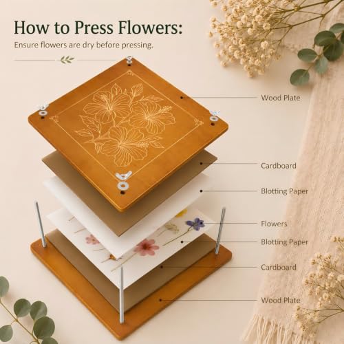Flower Press Kit, 11" x 11" Mahogany Wooden Flower Pressing Kit with 10 Layers for Crafts, Pressed Flowers & Plant Preservation, DIY Spring Craft Art Kit for Bookmark and Frame Flower Drying - size: 11"x10.8"