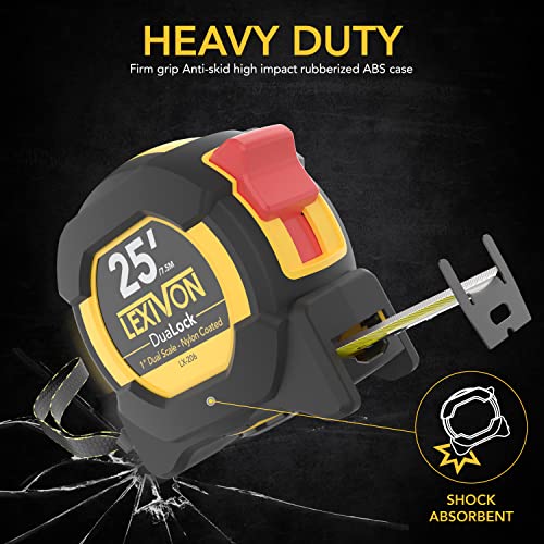 LEXIVON [2-Pack] 25Ft/7.5m DuaLock Tape Measure | 1-Inch Wide Blade with Nylon Coating, Matt Finish White & Yellow Dual Sided Rule Print | Ft/Inch/Fractions/Metric (LX-202) - size: 25 ft 2-Pack