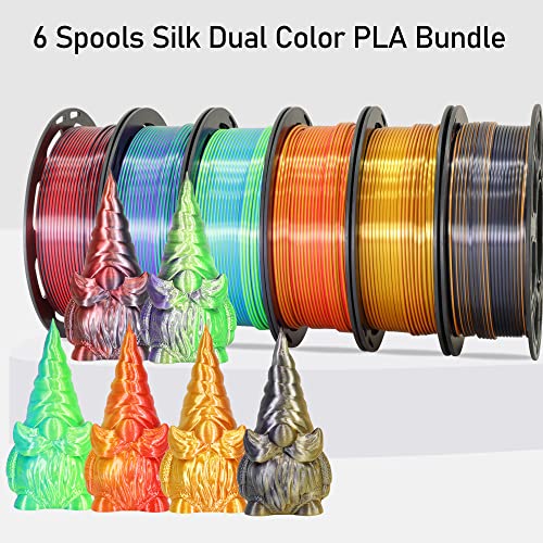 MIKA3D 6 Spools Bicolor Dual Color 1.75mm 3D Printer Filament Bundle, 3D Printing Silk PLA, Silk Black-Purple/Purple-Gold/Black-White/Black-Orange/Red-Blue/Black-Red, 3D Printing PLA 250g X 6 Spools - color: 6 Spools - Silk Black-orange/Red-gold/Black-red