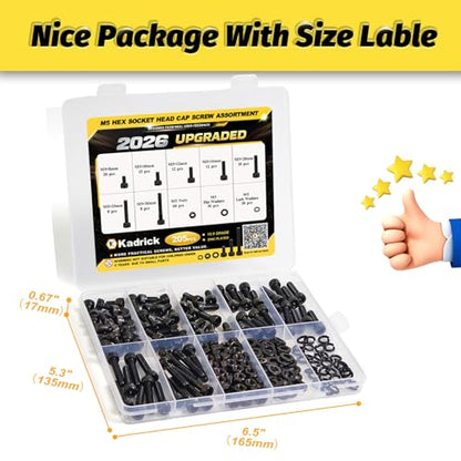 KADRICK 205PCS M5 Screws Kit,Class 12.9 Alloy Steel Hex Socket Head Cap - size: M5 205Pcs