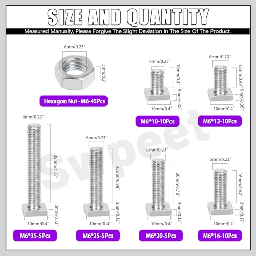 Swpeet 90Pcs 6 Size M6×10/12/16/20/25/35mm Galvanized Square Head Bolt and Hex Nuts Assortment Kit, Fully Thread Galvanized Square Head Screw, Square Machine Screws, Square Head T-Bolt