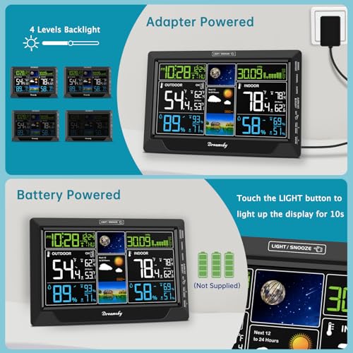 DreamSky Weather Station Indoor Outdoor Thermometer Wireless, Atomic Clock - color: Jet Black with 1 sensor
