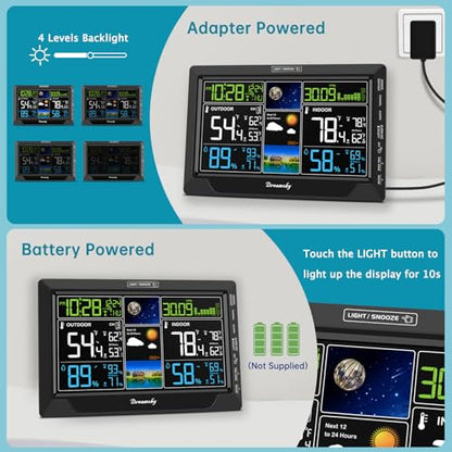 DreamSky Weather Station Indoor Outdoor Thermometer Wireless, Atomic Clock - color: Jet Black with 1 sensor