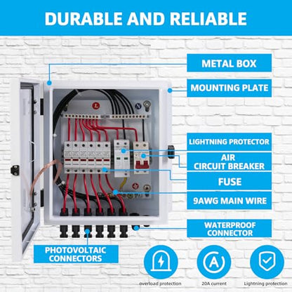 6 String Metal Solar Combiner Box, PV Combiner Box with 20A Rated Current Fuse, Surge Protective Device & 63A Air Circuit Breaker (6 String)