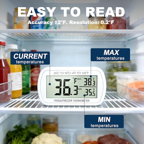 Waterproof Refrigerator Fridge Thermometer, Digital Freezer Room Thermometer, Max/Min Record Function Large LCD Screen and Magnetic Back for Kitchen, Home, Restaurants (4 Pack)