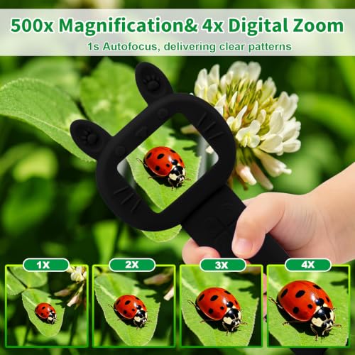 Microscope for Kids-Gifts for Boys 500x Magnification 1080P HD Display & 2 INCH IPS Screen Handheld Microscope for Kids Gifts for Age 3-6 7-12 Girls and Boys - color: Black