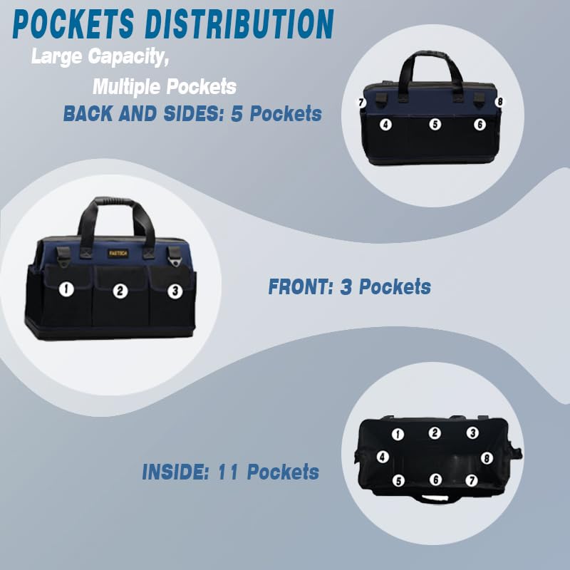 FASTECH 20in Heavy Duty Bottom Tool Bag With Wide Mouth For Tool Storage, Carrier and Organizer, Tote Bag For Men/Women, Wide Mouth Tools Bag With Inside Pockets (20 Inch) - size: 20IN Bottom