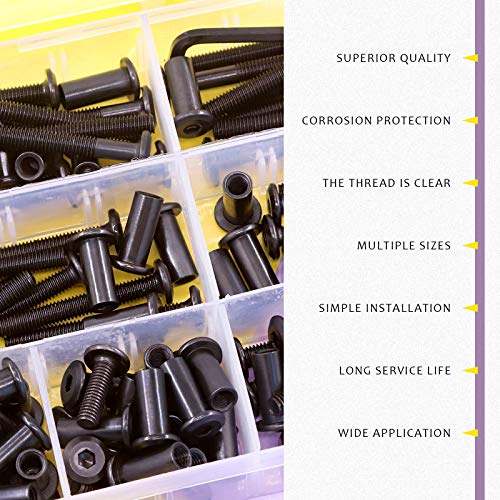 Swpeet 141Pcs 14 Different Sizes M6x16mm-80mm Carbon Steel Black Hex Drive Socket Cap Bolts Barrel Nuts Kit with 1Pcs Allen Wrench, Screw Post Fit for Furniture Countsunk Belt Leather Binding Bolts - size: M6x16mm-M6x80mm