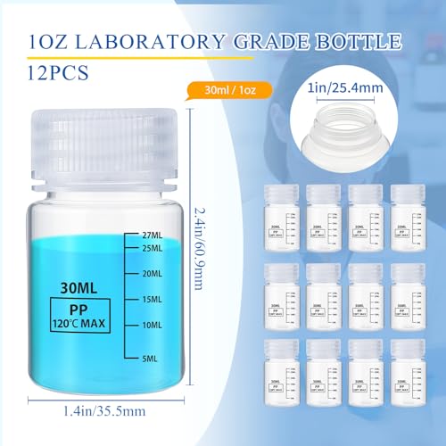 Tatuo 12 Pcs 1oz 30 ml Plastic Sample Bottles with Screw Cap, Liquid Containers with Lid for Lab Reagent Sample Medicine Pill Water Storage, Travel Bottles (Clear,Wide Mouth-Dark Scale) - color: Clear, size: 1 oz 30 ml, style: Wide Mouth-dark Scale