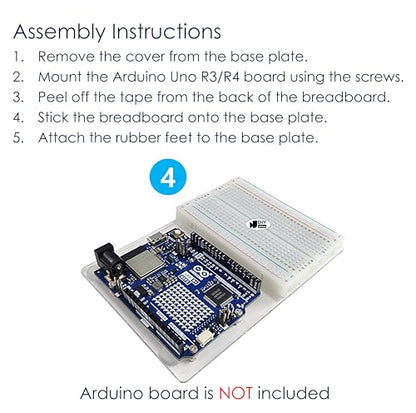 Acrylic Base Plate for Arduino Uno R3/R4 with 400-Point Breadboard – Transparent Prototyping Holder Kit for STEM Projects and Electronics, 4 Sets