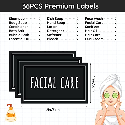 Segbeauty Soap Dispenser Waterproof Labels, 36 Packs Self-Adhesive Minimalist Labels Stickers for Bottles, Farmhouse Bathroom Kitchen Laundry Removable Cleaning Label for Shampoo Dish Soap Deter-Gent - style: S+D+F-Black