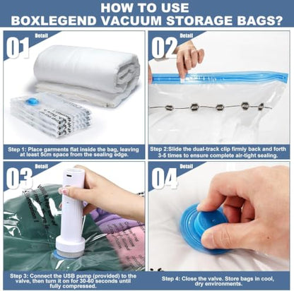 BoxLegend Vacuum Storage Bags with Electric Pump 30 Combo (8XL, 8L, 4M, 4S, 4XS, 2XXS) Heavy-Duty Thickened Vacuum Seal Bags for Clothing Space Saving for Closet & Travel Pillow Comforters Bedding - size: 30 Combo - Electric Pump