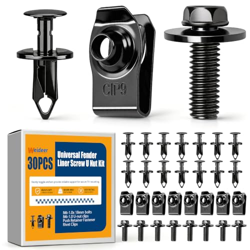 weideer 30PCS Universal Fender Liner Screw U Nut Kit,M6 Engine Splash Shield Hex Head Screw U Clips,Push Retainer Fastener Rivet Clips - color: BK M6