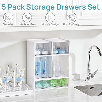 Vtopmart Stackable Storage Drawers Set of 5, Baby Bottle Organizer, White - style: White-2 Small+2 High+1 Wide