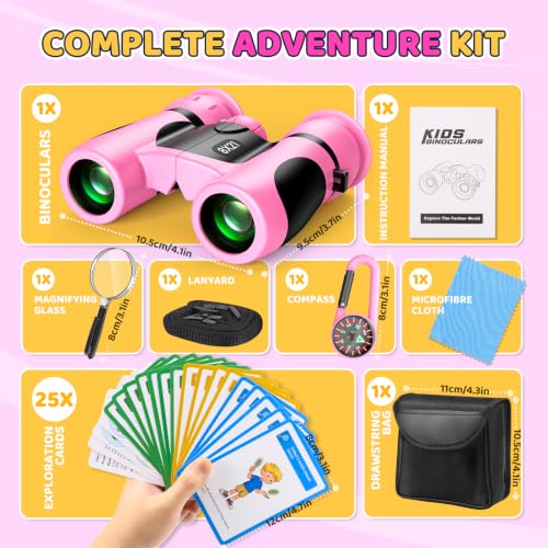 8x21 Kids Binoculars with 25 Scavenger Hunt Cards|Compass|Magnifying Glass, 3-12 Year Old Girls Birthday Gift Outdoor Explorer Kit for Girl Kid Ages 4-6-8-12 STEM Camping Toy Bird Watching Hiking - color: Pink