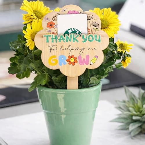 KATINAT Teacher Appreciation Plant Tag with Gift Card Holder, Wooden Thank You for Helping Me Grow Sign, Teacher Gift for Women, Plant Pick for Potted Plants - color: Flower