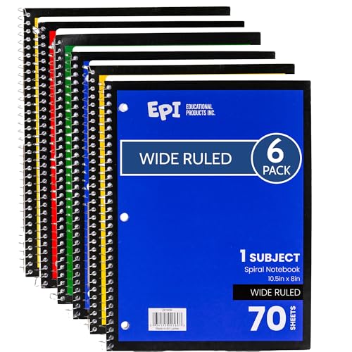 EPI Spiral Notebook | Wide - 70 Sheets, Durable Spiral Binding | 10.5 x 8 in | Classroom Supplies | School, Office, Note Taking, Journaling - 6 Pack - color: Assorted, size: 6
