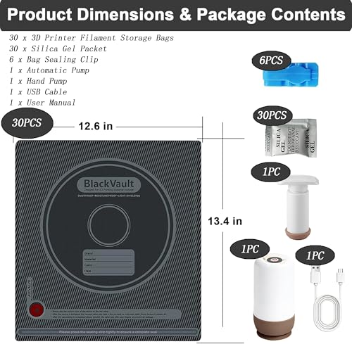 GAOJU 3D Printer Filament Storage Bags Vacuum Storage Kit with USB Pump - color: 30pcs Black Bags + Electric Pump