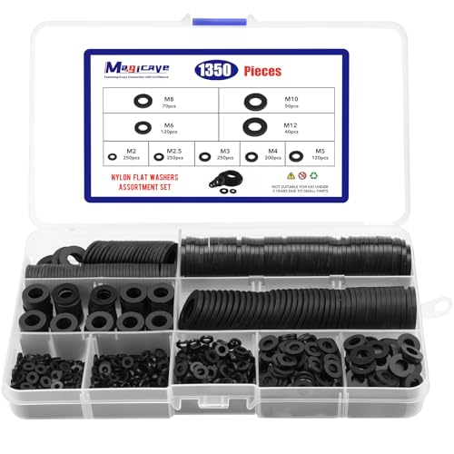 1350 Pcs Nylon Flat Washers Assortment Kit, Black Nylon Washers for Screws and Bolts (M2, M2.5, M3, M4, M5, M6, M8, M10, M12) - color: Nylon Washers-1350Pcs