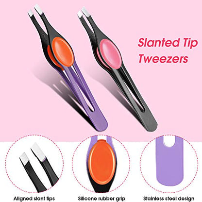 Chumia 5 Pieces Non-Slip Grip Tweezers Slanted Tip Stainless Steel Tweezer Wide Precision Tip Clip Tweezer for Ingrown Hair Eyebrow Shaping Splinter Blackhead Remover (Colorful Rubber Grip)