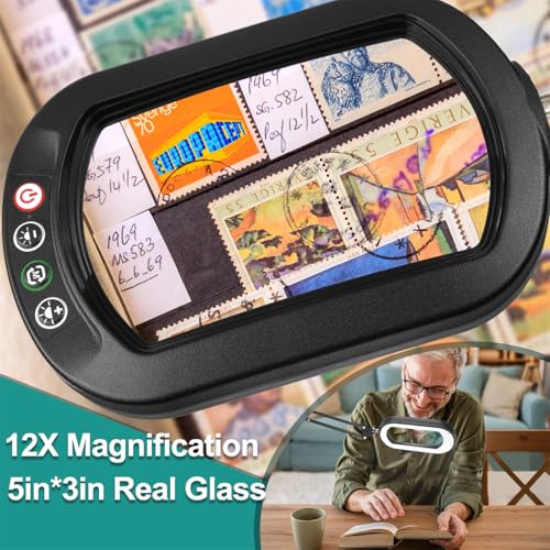 IVMAIE 12X Magnifying Glass with Light, Rectangle Real Glass Lens - color: Black, size: 17.8-Inch Swing Arm