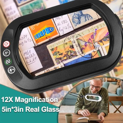 IVMAIE 12X Magnifying Glass with Light, Rectangle Real Glass Lens - color: Black, size: 17.8-Inch Swing Arm