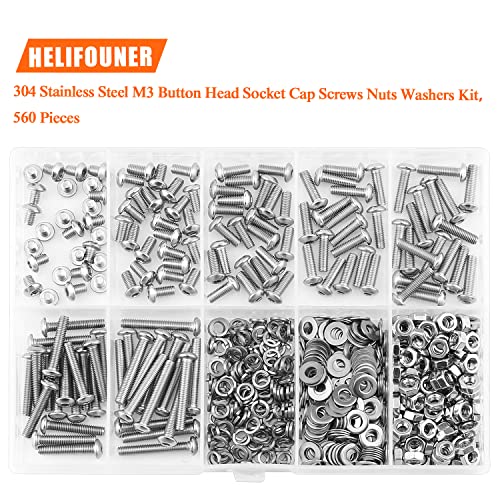 HELIFOUNER 560 Pieces M3 x 4mm /6mm /8mm /10mm /12mm /16mm /20mm, Button Head Socket Cap Screws Bolts Washers Nuts Kit, 304 Stainless Steel - size: M3, style: Button Head Socket Cap