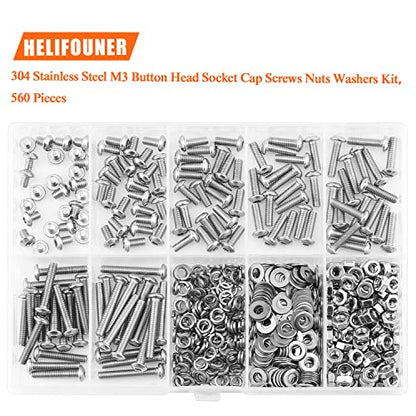 HELIFOUNER 560 Pieces M3 x 4mm /6mm /8mm /10mm /12mm /16mm /20mm, Button Head Socket Cap Screws Bolts Washers Nuts Kit, 304 Stainless Steel - size: M3, style: Button Head Socket Cap