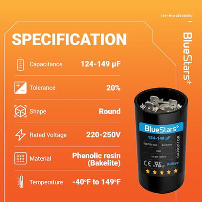 124-149 uf/MFD 220-250VAC Round Run Start Capacitor Replacement Part by BlueStars - Exact Fit for AC Motor Run or Fan Start and Cool or Heat Pump Air Conditioner - size: 124-149 MFD 220-250 VAC