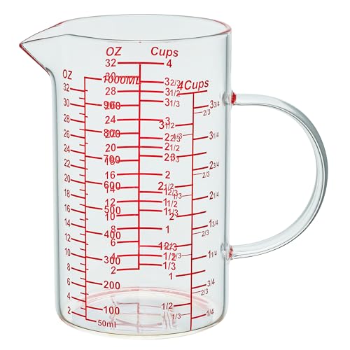 Ackers Mirror Graduated Glass Measuring Cup - [Insulated Handle | V-Shaped Spout] - High Borosilicate Glass Measuring Cup for Kitchen or Dining, Easy to Read, 1000ml (32oz, 4 Cup) - size: 32OZ Mirror Graduated