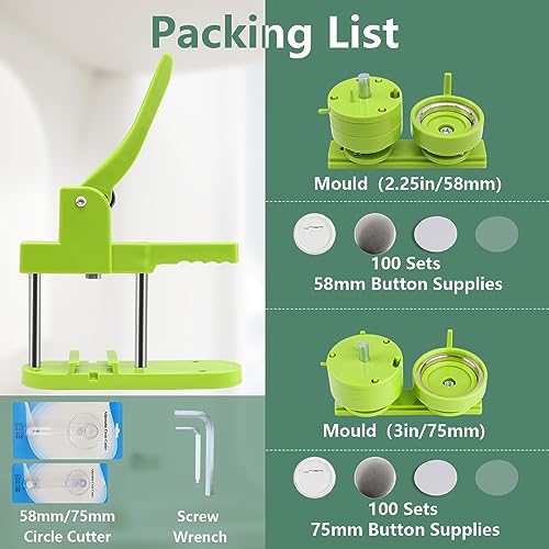 Happizza Button Maker Machine Multiple Sizes, Pin Maker Machine 2.25 inch+3 inch, Interchangeable Button-Models Badge Button Press Machine with 200 Sets 58mm+75mm Button Maker Supplies&Circle Cutter - size: Green 2.25+3 inch (200 Sets)