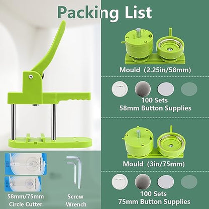 Happizza Button Maker Machine Multiple Sizes, Pin Maker Machine 2.25 inch+3 inch, Interchangeable Button-Models Badge Button Press Machine with 200 Sets 58mm+75mm Button Maker Supplies&Circle Cutter - size: Green 2.25+3 inch (200 Sets)