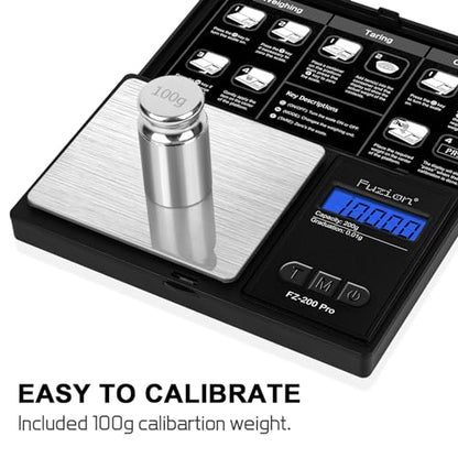 Fuzion Digital Pocket Gram Scale 0.01g x 200g, with 100g Calibration Weight - color: Black