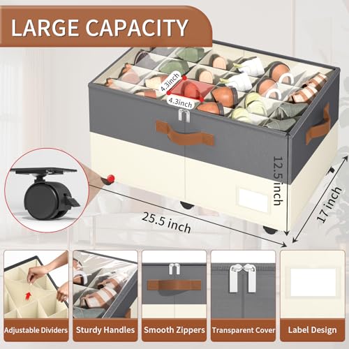 Foyego Shoe Organizer for Closet, with Wheels, Beige and Grey - color: Gray and Beige, size: 25 ½"L x 17"W x 12 ½"H