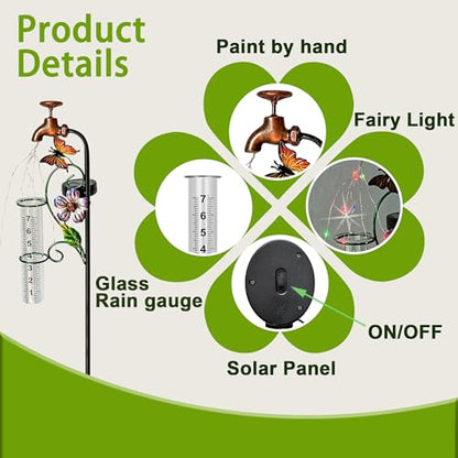 37in Solar Butterfly Rain Gauge Copper Faucet Metal Garden Stake Decor - color: Bronze Faucet
