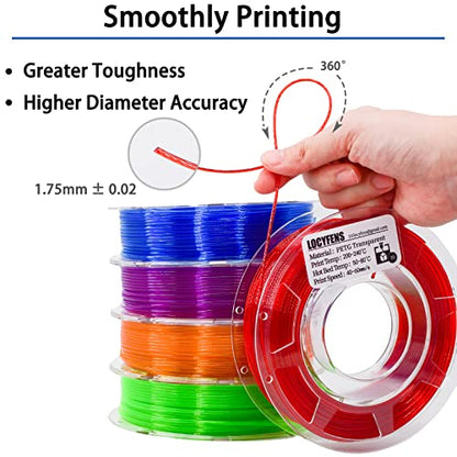 PETG Filament 1.75mm, Clear Transparent Filament 5 Colors, 3D Printer Filament Bundle Multicolor, 1.75 PETG +/- 0.02mm, 3D Printing Red Green Blue Purple Orange 200g x 5 Spools - color: 5 Pack Petg