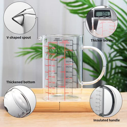 77L 2 Cup Glass Measuring Cup (0.5L), High Borosilicate Glass Measuring Cup - color: Red and black measuring scale, size: 500 ML (2 Cup)