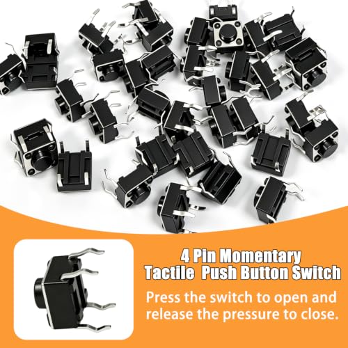 TWTADE 100Pcs Micro Momentary Tactile Push Button Switch 6x6x4.3mm 4Pin Tact Switch Assortment Kit - color: Black-4 Pin/100Pcs