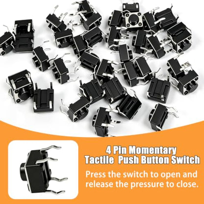 TWTADE 100Pcs Micro Momentary Tactile Push Button Switch 6x6x4.3mm 4Pin Tact Switch Assortment Kit - color: Black-4 Pin/100Pcs